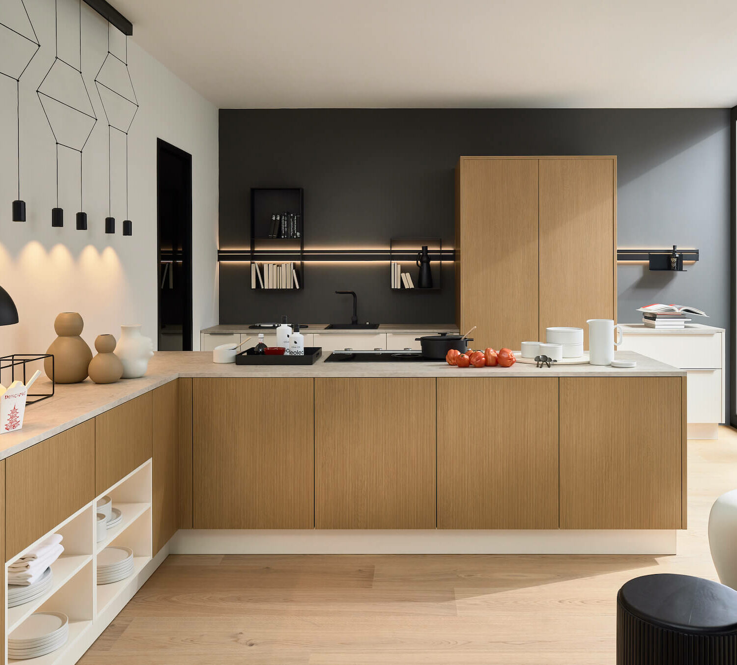 Nolte Design L-Küche mit geriffelten Holzfronten